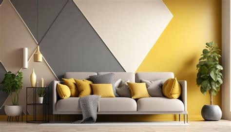 Premium AI Image | A living room with a yellow and grey wall with a ...