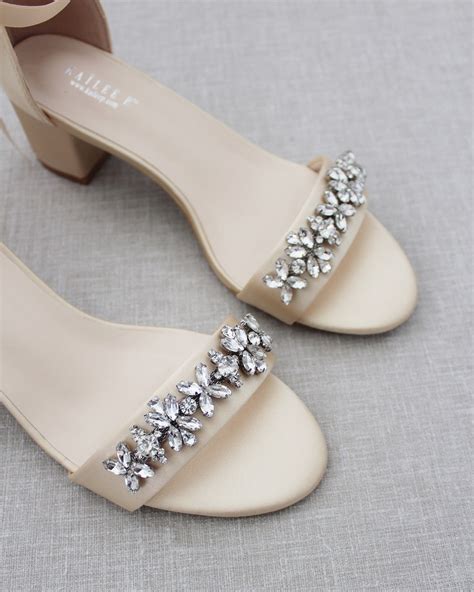 Champagne Satin Block Heel Sandals With Floral Rhinestones On Upper St