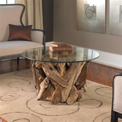 Plymouth Coastal Beach Teak Driftwood Round Glass Coffee Table