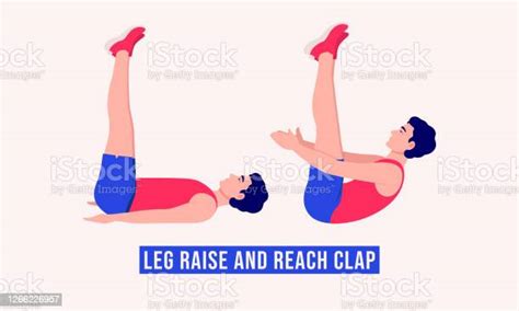 Leg Raise And Reach Clap Exercise Men Workout Fitness Aerobic And Exercises Vector Illustration