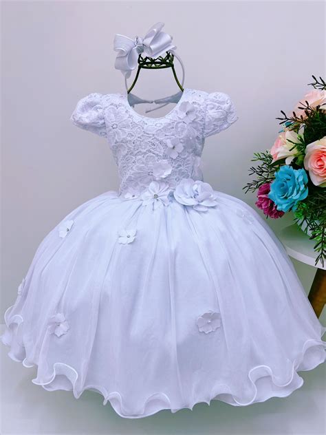 Vestido Infantil Branco Batizado Rendado Aplique Flores Luxo Rosa