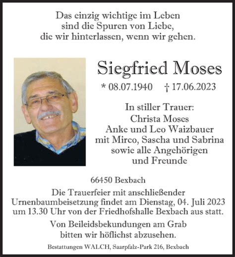 Traueranzeigen Von Siegfried Moses Saarbruecker Zeitung Trauer De