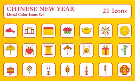 Set Of Chinese New Year Celebration Icons Over Yellow Background In Flat Stock Illustration