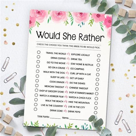 Would She Rather Bridal Shower Games Printable Wedding Etsy