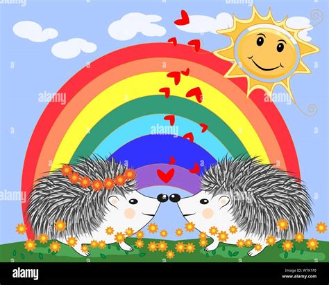 Two Lovers Cute Cartoon Hedgehogs A Boy And A Girl Near A Seven