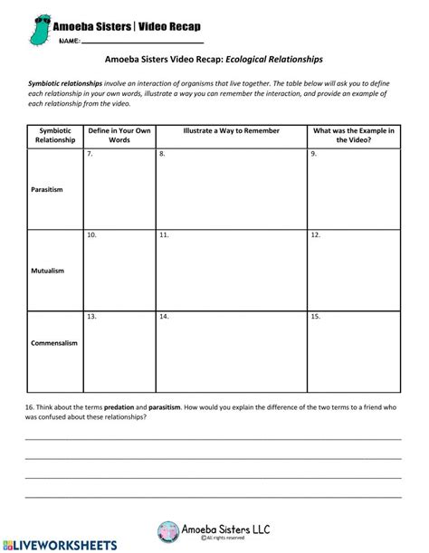 Amoeba Sisters Ecological Relationships Worksheet 5463924