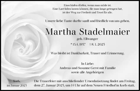 Traueranzeigen Von Martha Stadelmaier ZVW Trauer