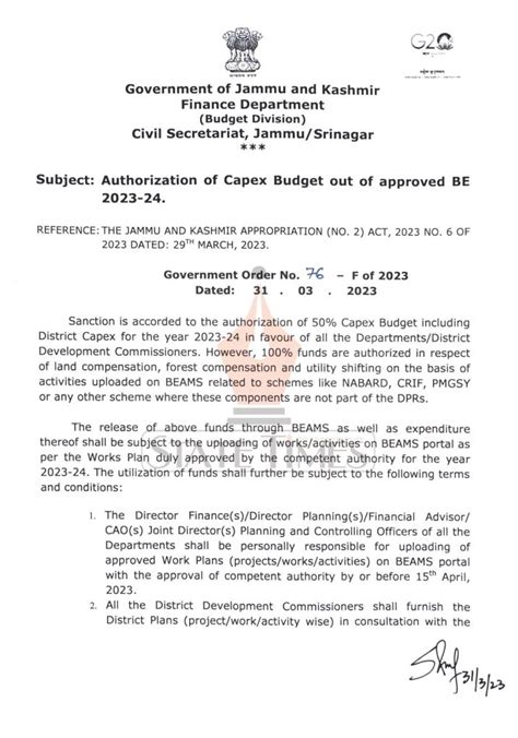 Govt Sanctions Authorisation Of Capex Budget Out Of Approved Be