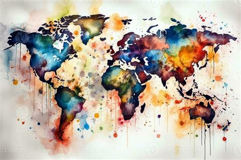 World Map Continents With Bright Watercolor Ai Generated