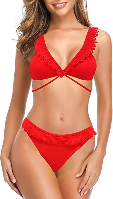 Women S Criss Cross Lace Ruffle Tie String Bikini Low Waisted Two Piece WF Shopping