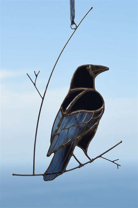 Stained Glass Raven On The Branch Crow Stained Glass Etsy Stained