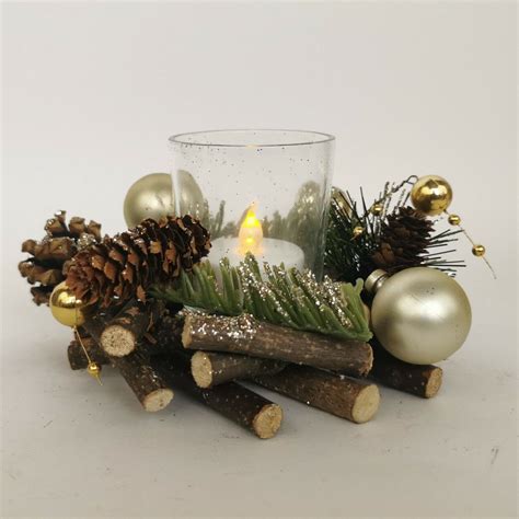 Adventsgesteck 15cm Holzkranz Gold Windlicht Advent Weihnachten Holz Tischdeko Ebay