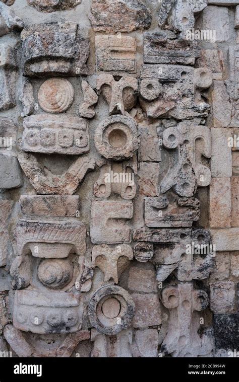 Decorative Stone Carvings In The Puuc Style On The Temple Of The Macaw