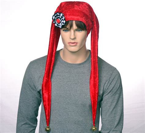 Red Jester Hat Extra Long With Ribbon Cockade Panne Velvet Long Points