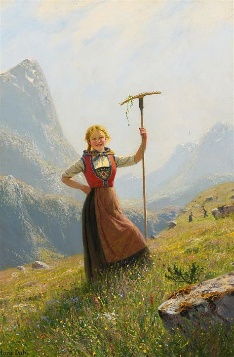 Peasant Girl With A Rake Painting By Hans Dahl