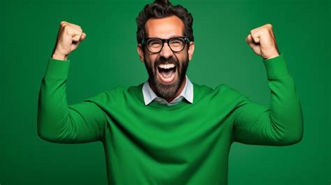 Premium Photo Ecstatic Bearded Man In Glasses Celebrating Good News