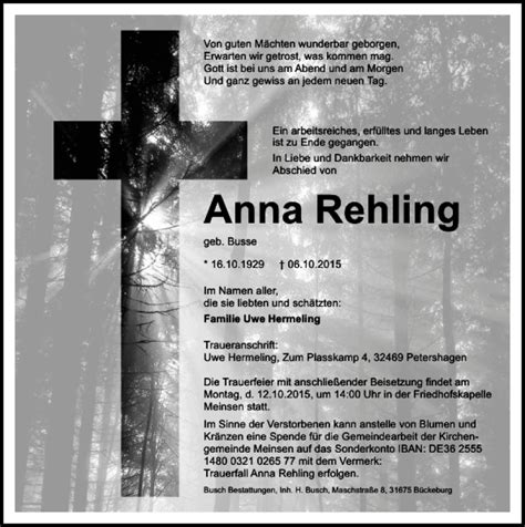 Traueranzeigen Von Anna Rehling Trauer Anzeigen De