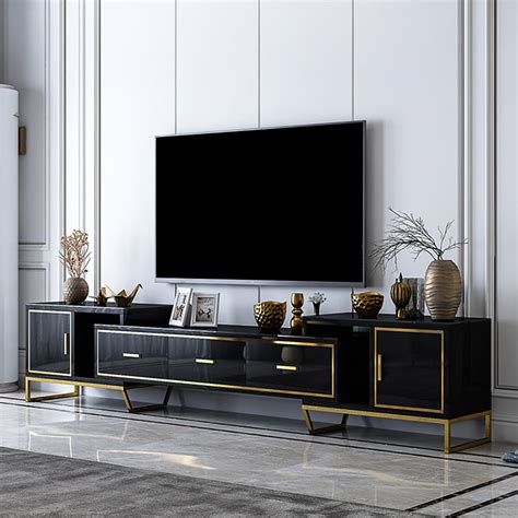 Black TV Stand Tempered Glass Top Extendable 3 Drawer 2 Door Media Console