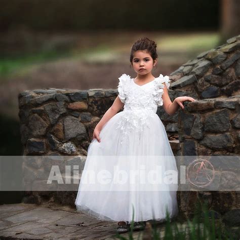 Classic Off White Appliques Tulle Pretty Sleeveless Long Flower Girl D – AlineBridal