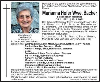 Traueranzeigen Von Marianna Bacher Trauer Bz