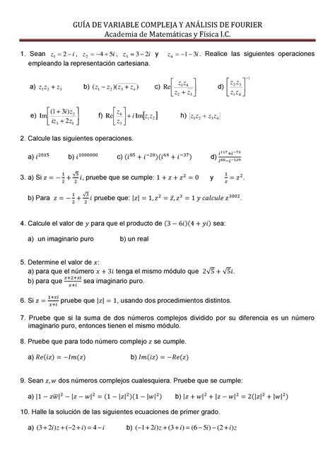 Guia Variable Compleja Academia De Matemáticas Y Física I Sean Z 2 I 1 Z 4 5 I 2 Z