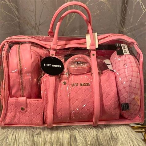 NEW STEVE MADDEN Fondant Pink Clear Duffle 6 Piece Travel Gift Set In