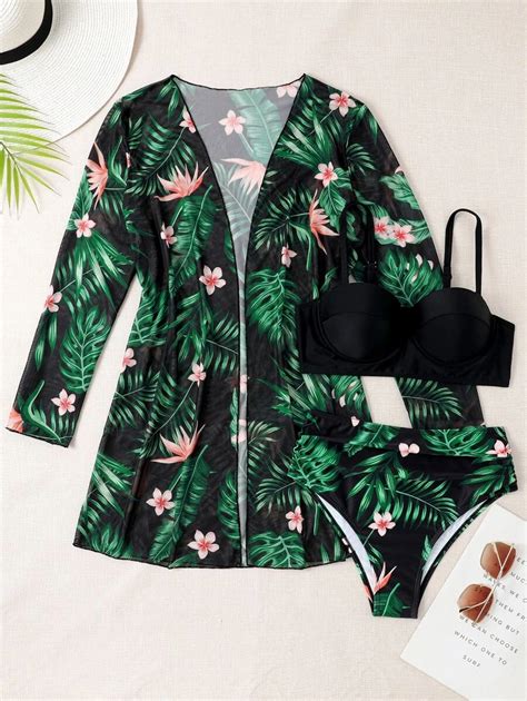 Shein Swim Conjunto De Bikini Con Estampado Tropical Sujetador Push Up