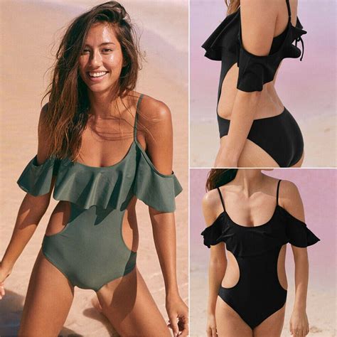 Women Sexy Thong Swimsuit Bodysuit One Piece Bikini Solid Ruffles Off Shoulder Swimwear Leotard