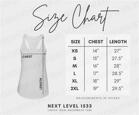 Next Level 1533 Size Chart Tank Top Size Guide Womens Size Measurements Ladies Racerback