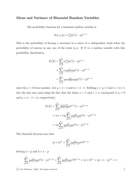 Mean and Variance of Binomial Random Variables