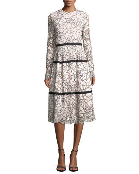 Lela Rose Long Sleeve Tiered Lace Midi Dress Neiman Marcus