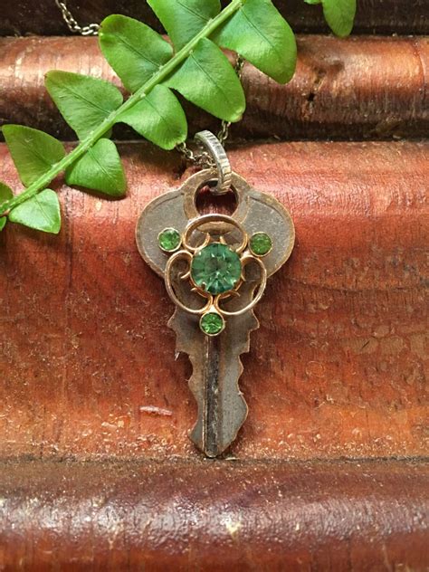 Key Necklace W Repurposed Vintage Emerald Green Earring Etsy