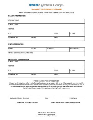 Fillable Online Warranty Registration Form ModCycles Fax Email Print