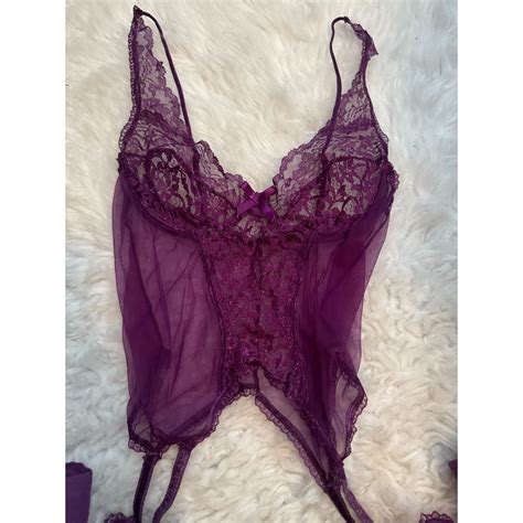 Vintage Purple Lingerie Set Corset Thong Stockings L Etsy