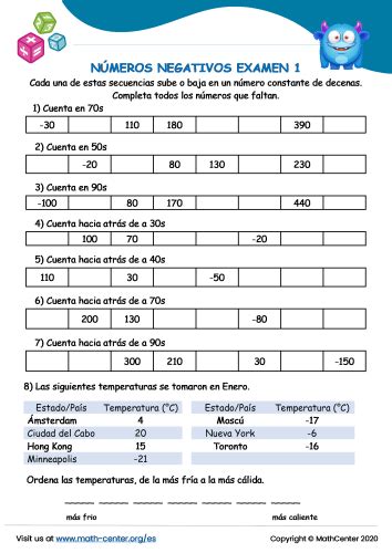 N Meros Negativos Examen Pruebas Math Center