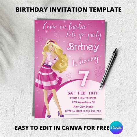 Fashion Doll Party Invitation Girl Party Invite Girls Birthday Invite