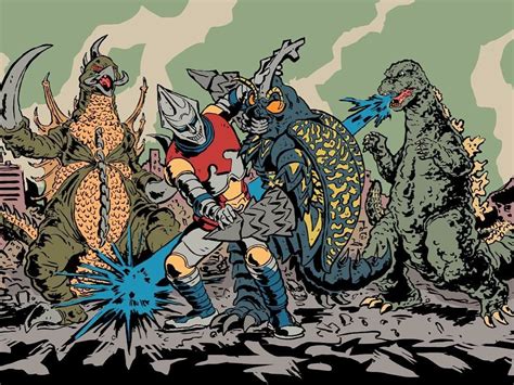 Godzilla And Jet Jaguar Vs Megalon And Gigan Godzilla Tattoo Kaiju Monsters Kaiju