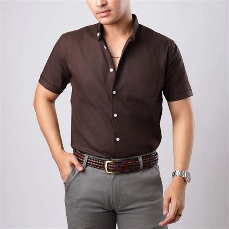 Jual Vengoz Kemeja Oxford Pria Lengan Pendek Slim Fit Hickory Brown