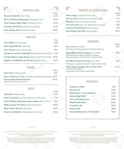 Menu at The Ivy Victoria Quarter Leeds restaurant, Leeds