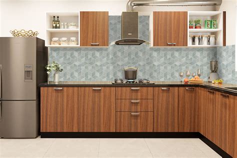 L Shaped Kitchen Design With Hexagonal Dado Tiles Livspace