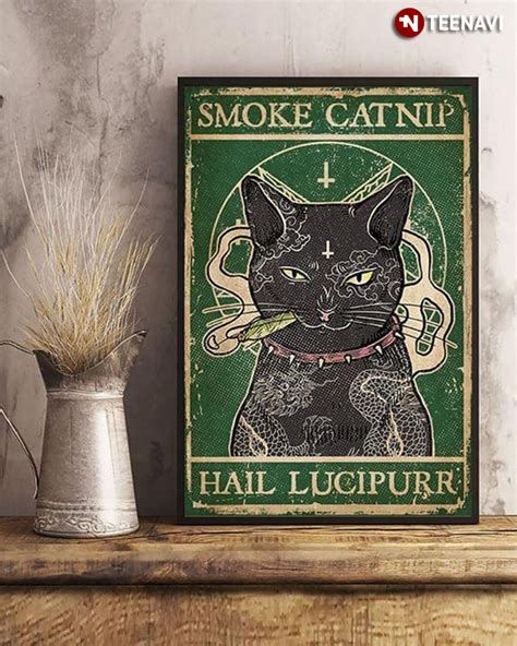 Green Version Vintage Smoking Black Cat With Tattoos Smoke Catnip Hail