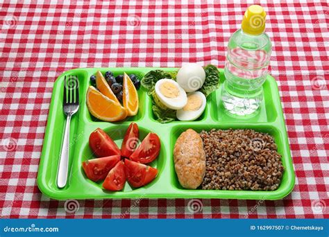 Serving Tray with Healthy Food on Background. School Lunch Stock Image ...