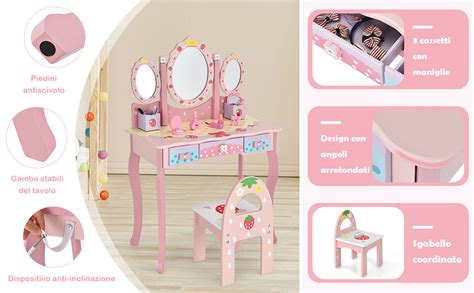 Costway Toeletta Trucco Bambina In Postazione Trucco Rosa Con