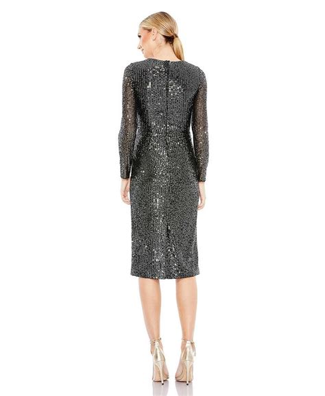 Mac Duggal Womens Ieena Sequined Faux Wrap V Neck Long Sleeve Midi