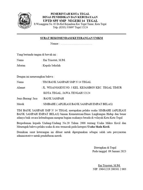 1 Surat Rekomendasi Atau Keterangan Umkm Pdf