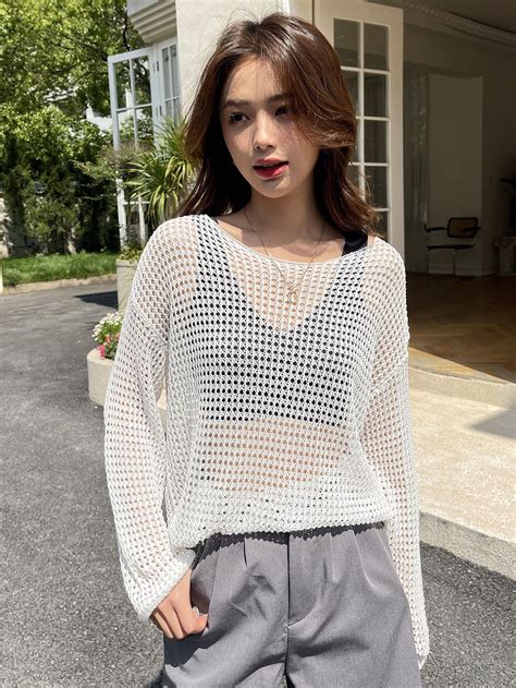 DAZY Openwork Drop Shoulder Sweater Without Bra Crochet Shirt Outfit