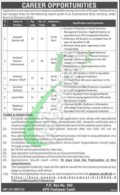 PO Box 563 GPO Peshawar Jobs 2022 Public Sector Organization KPK