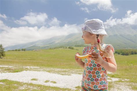 Vacances De Voyage De Petite Fille Blonde En Vallée De Montagne D été Photo stock Image du