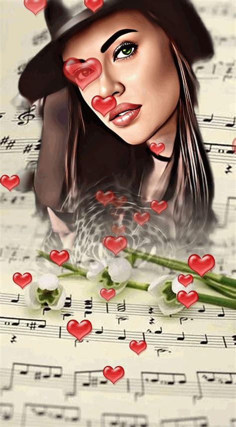 A Drawing Of A Woman With Hearts On Her Face And Music Notes In The