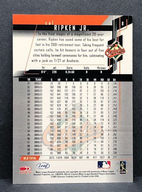 2001 Leaf Rookies Stars CAL RIPKEN JR Card No 8 Crease Free NM MT